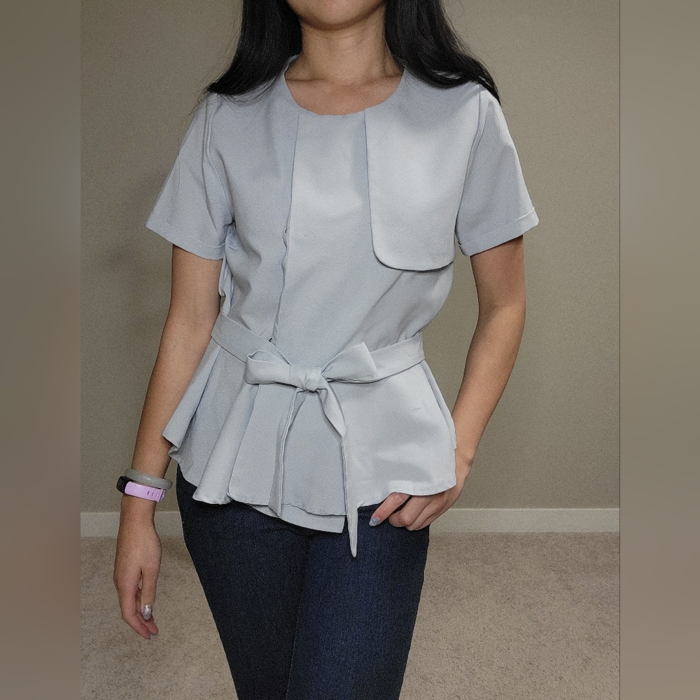 Dusty Blue Short Sleeve Peplum Blouse with Tie Front